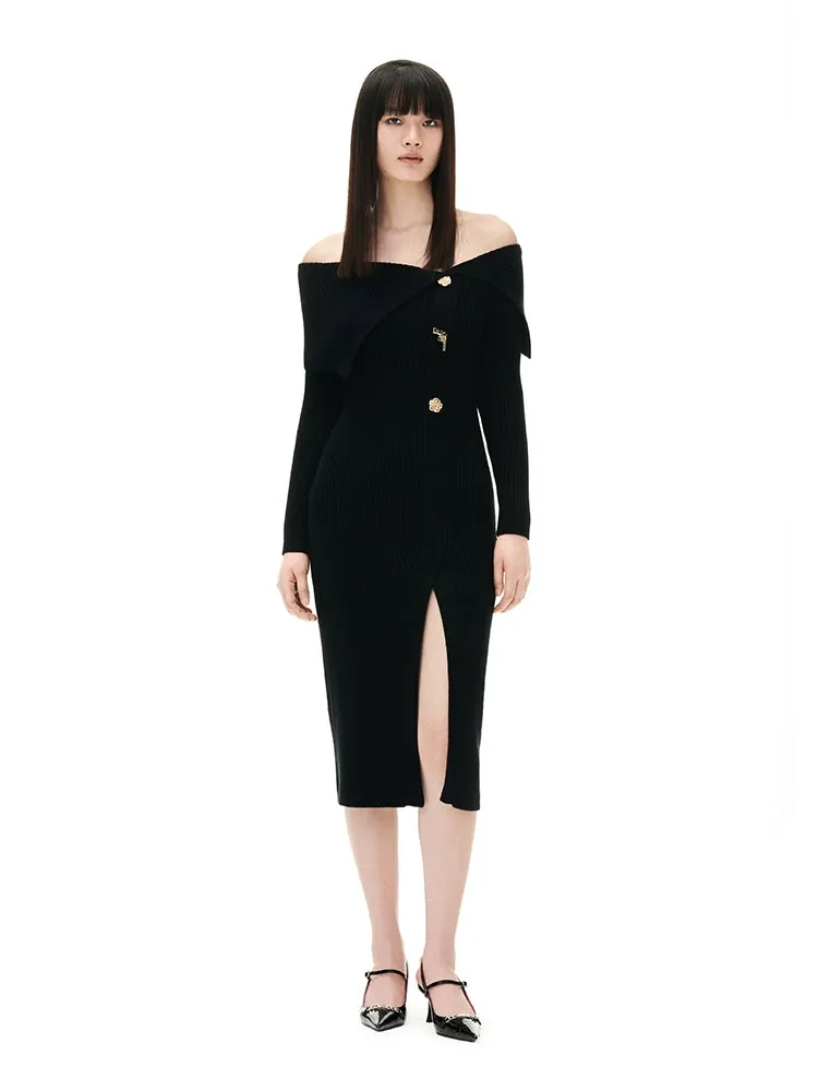 YES BY YESIR autumn winter gun rose knit Black bodycon dress - Ionc