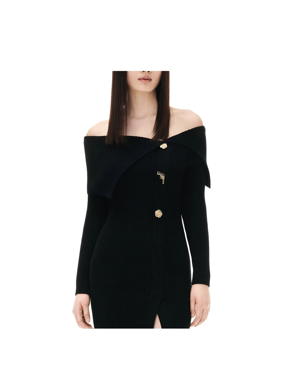 YES BY YESIR autumn winter gun rose knit Black bodycon dress - Ionc